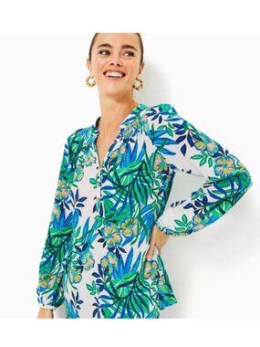 Lilly Pulitzer Elsa Silk Blouse Top Size M Golden Hour Glam Floral V-Neck EUC